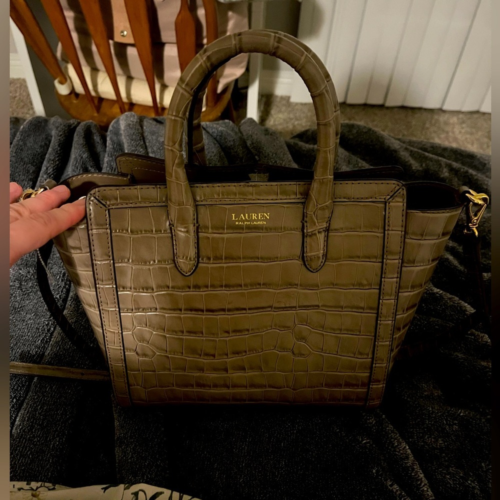 Ralph Lauren Tyler Croc Embossed Leather Medium Tote Bag Fall Gray